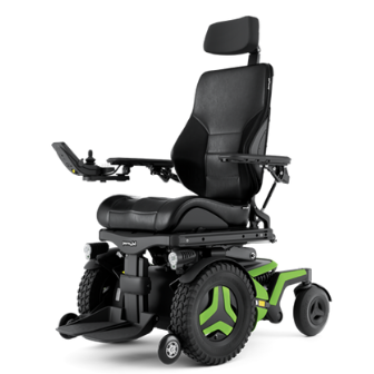 Permobil F3 power wheelchair with green accents