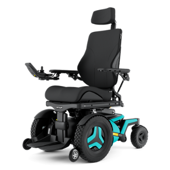 Permobil F5 power wheelchair with teal accents. Drive wheel front